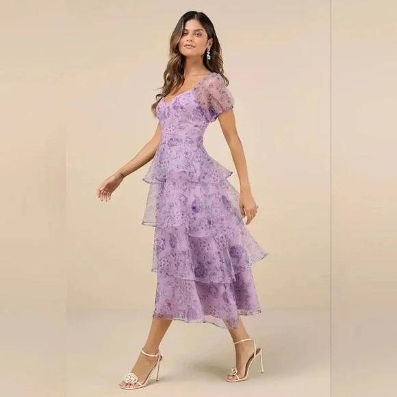 Lulus Dresses & Skirts - Lulus Lulu's Oh-So Stunning Purple Floral Organza Tiered Midi Dress Size M